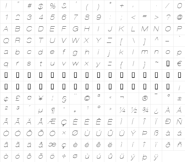 HelveticaNeue LT 23 UltLtEx Oblique  glyph index