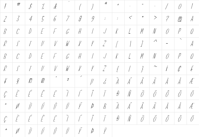 Swallow Falls Lite Italic  glyph index
