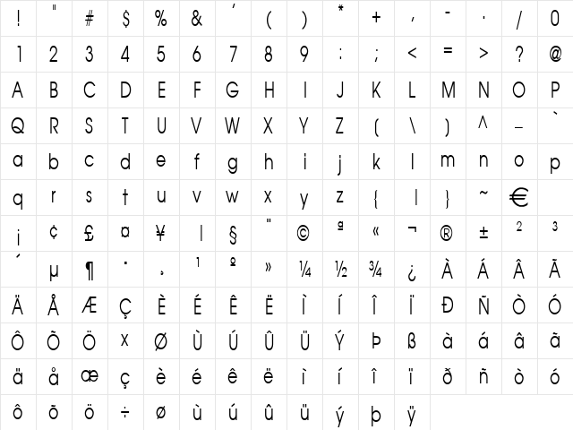 AtillaThin Normal  glyph index