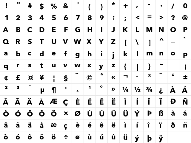 Avenir Next LT Pro Bold  glyph index