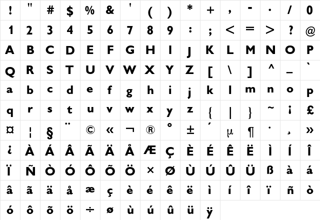 Gill Sans BQ Regular  glyph index