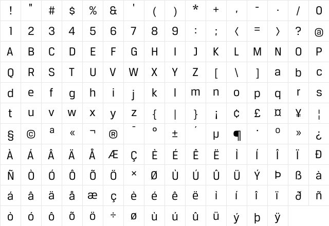 BreuerText Regular  glyph index