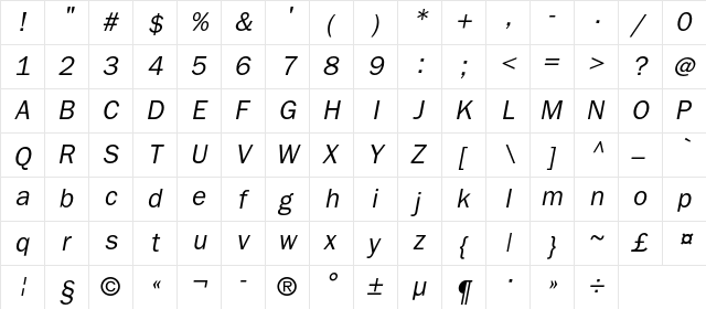 BloknotC Italic  glyph index