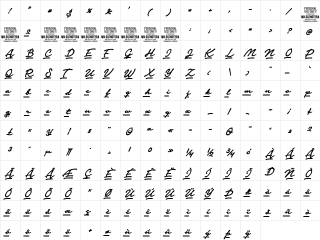 Notera 2 Underline PERSONAL USE Bold  glyph index