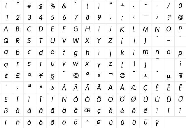 Volkswagen-Serial RegularItalic  glyph index