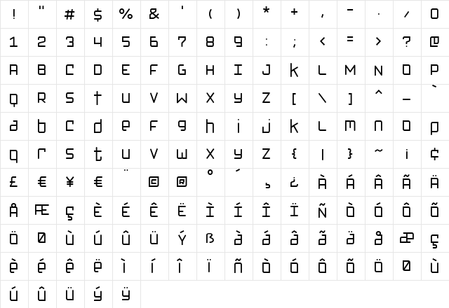 Klondike Regular  glyph index