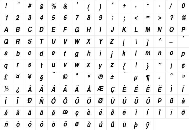Partridge-Narrow-BoldOblique Regular  glyph index