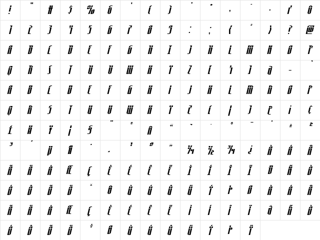 Hydronaut Laser Italic Regular  glyph index