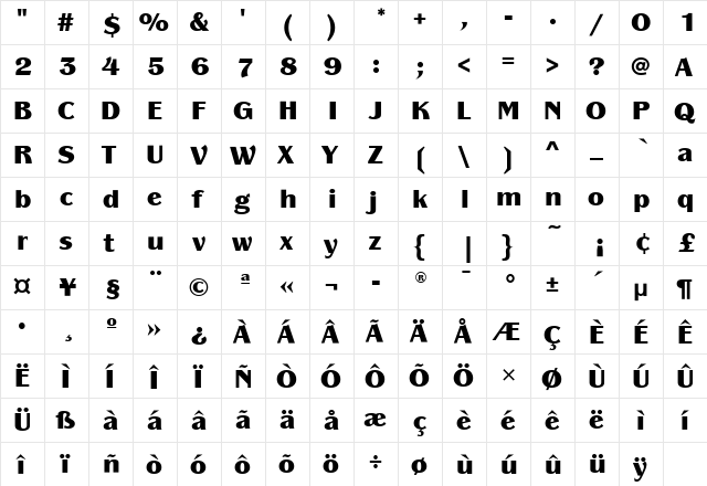 PanacheBlkITC Medium  glyph index
