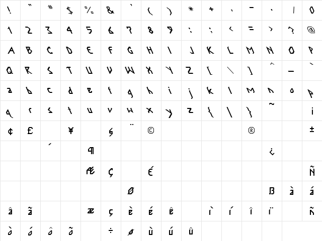 Inka Bod Spilled Lefty Regular  glyph index