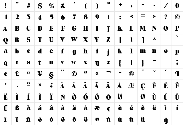 Toledo Heavy SF Bold  glyph index