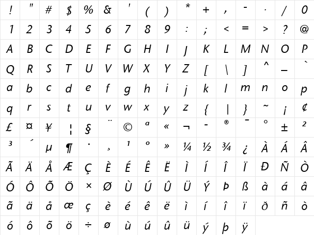 StoneSansITC Medium Italic  glyph index