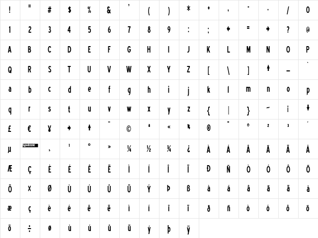 Blue Highway Free Condensed Regular  glyph index