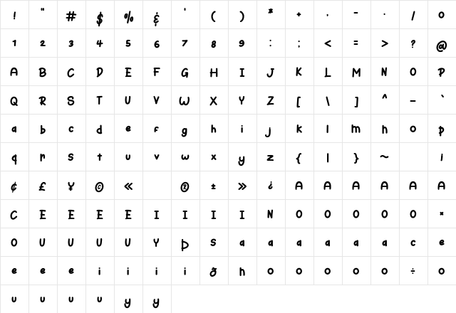 Bunny Hopper Regular  glyph index
