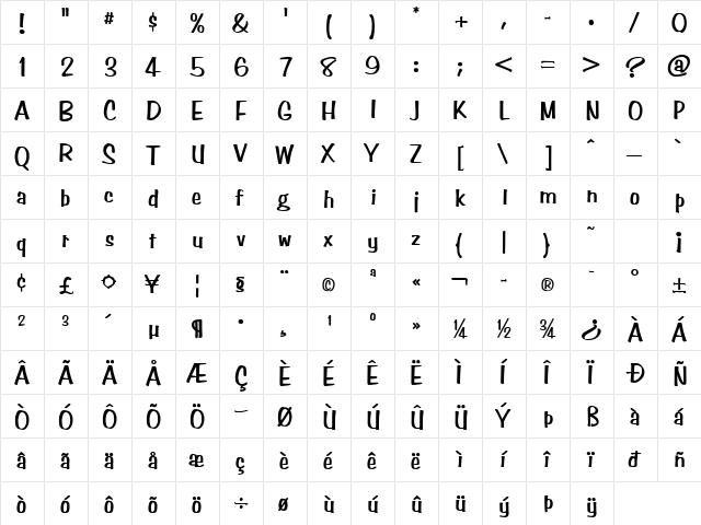 Simpson Bold  glyph index