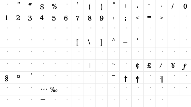 WaverlyBoldTab Regular  glyph index
