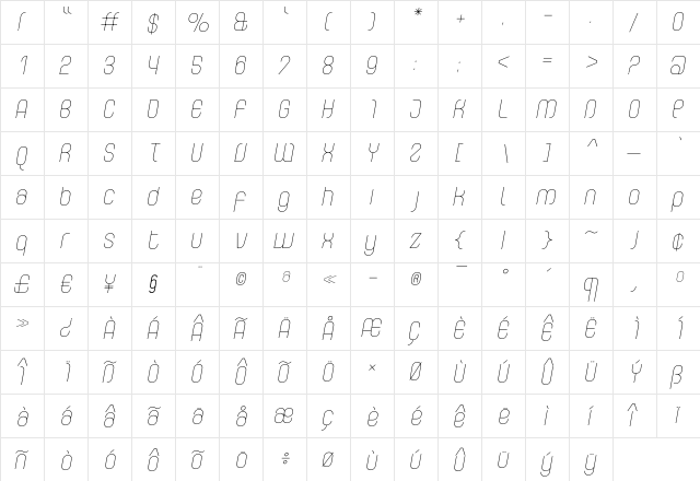 Curvature-FineItalic Regular  glyph index
