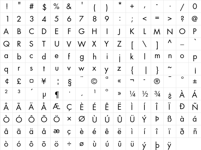Futura Std Book  glyph index