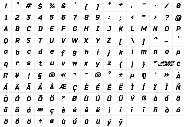 Bender Black Italic  glyph index