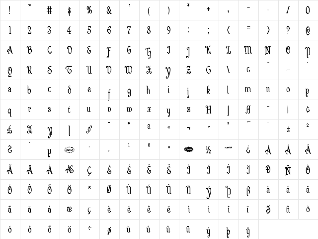 Quill Sword Condensed Condensed  glyph index