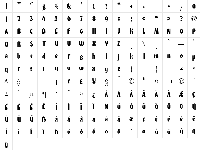 Honcho DB Regular  glyph index