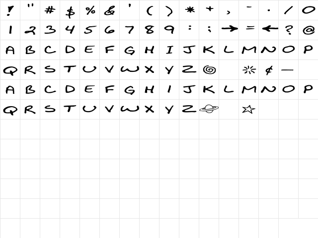 BiklyBoldFont Extended Regular  glyph index