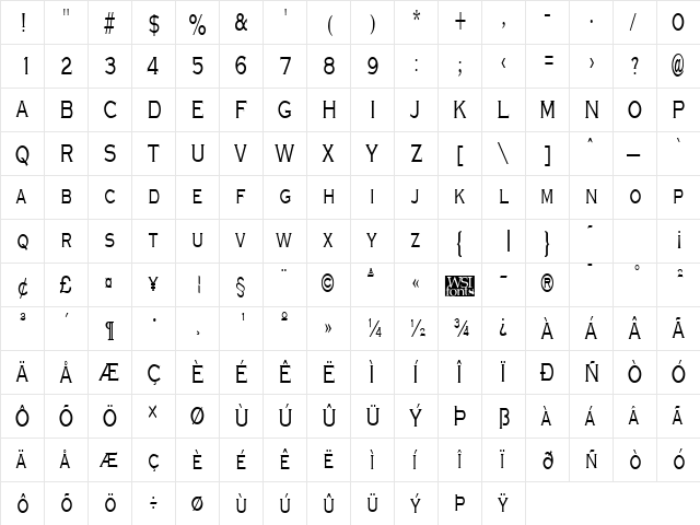 GraverplateNarrow Regular  glyph index