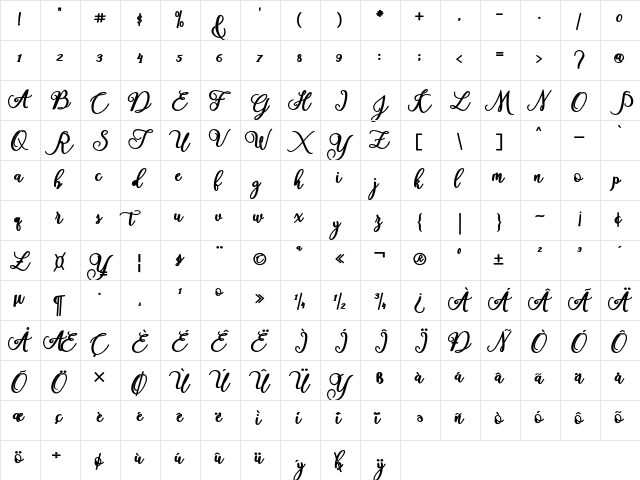 America Regular  glyph index