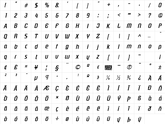 Plover Bold Italic  glyph index