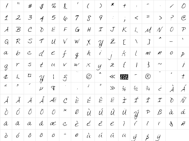 IvysHand Regular  glyph index