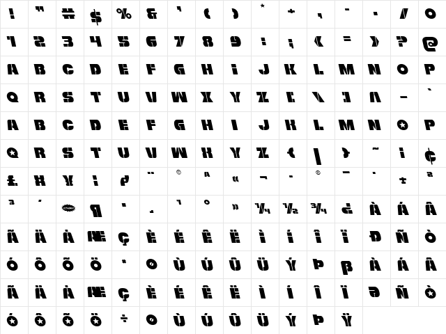 Freedom Fighter Leftalic Italic  glyph index