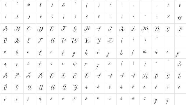 alysa scrip Regular  glyph index