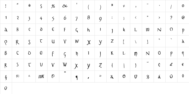 UnclassicQuill-Condensed Regular  glyph index