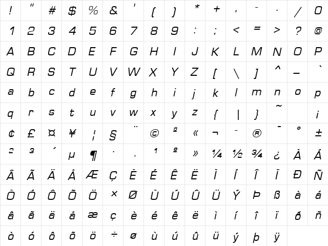 MicroSquare Italic  glyph index
