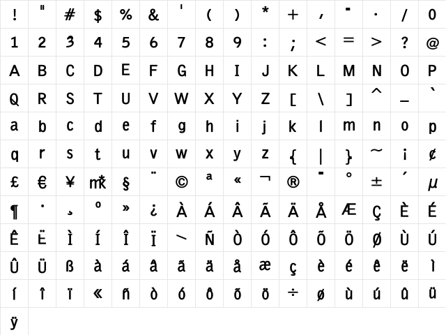 EmkaSansCondensed Bold  glyph index