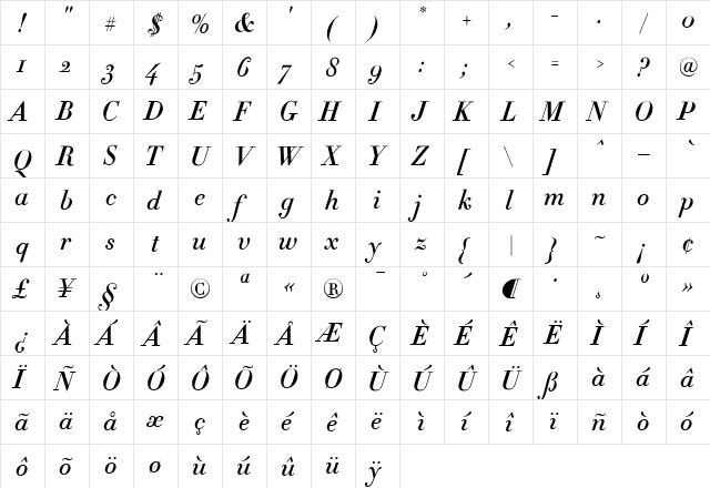 Didot Medium Italic  glyph index