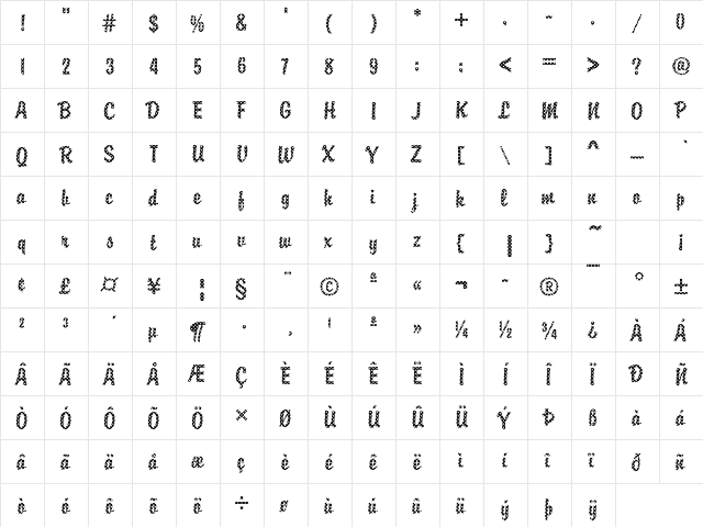 Brody12 Becker Regular  glyph index