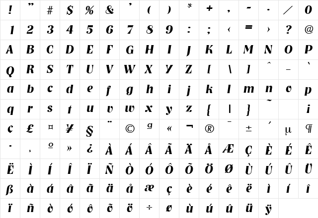 Nashville-Serial BoldItalic  glyph index