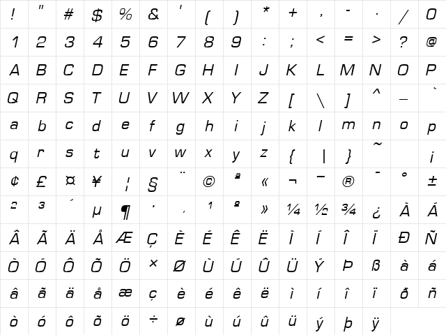 PelicaSSK Italic  glyph index