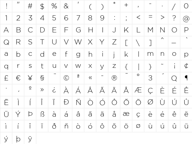 Gotham Light Regular  glyph index