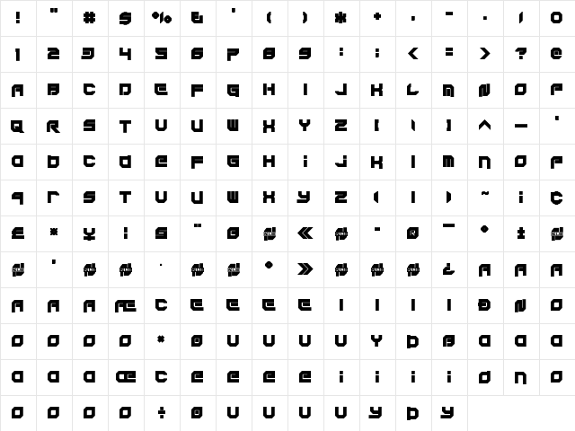 Xodohtro-Nu Regular  glyph index