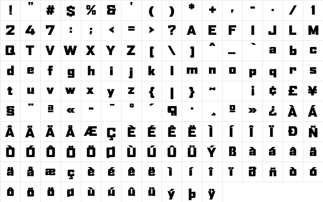 AgencyFB Black Wide Regular  glyph index