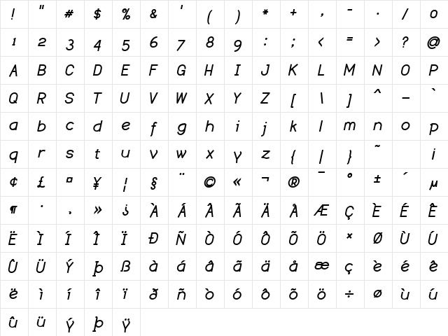 Dustismo Regular  glyph index