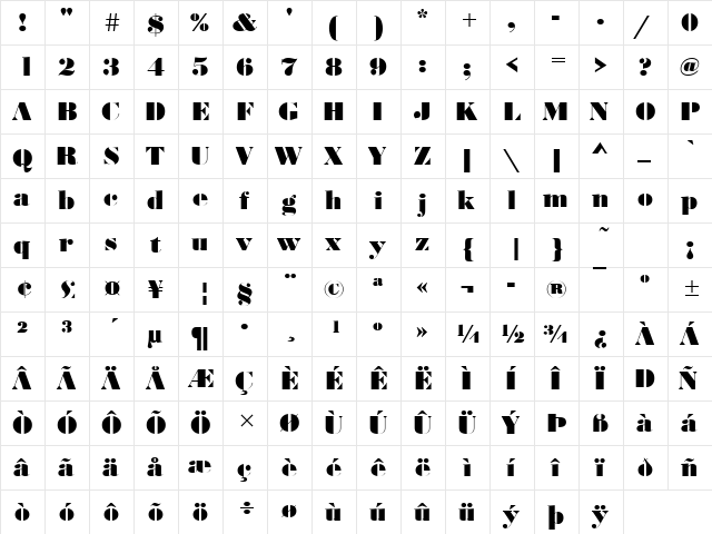 BodoniNo2DUlt Regular  glyph index