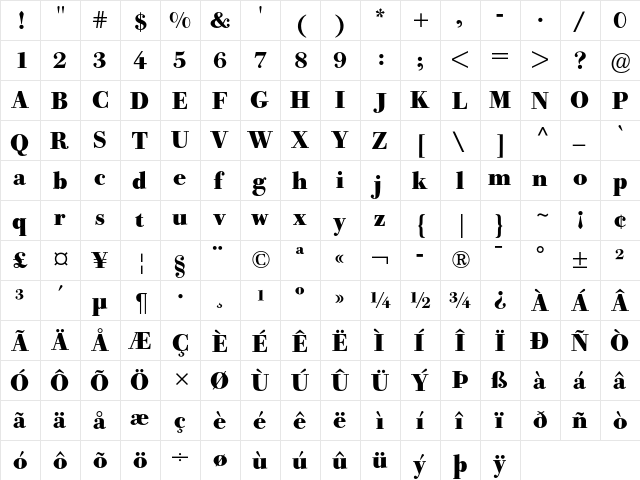 Bodoni Old Face BE Bold  glyph index