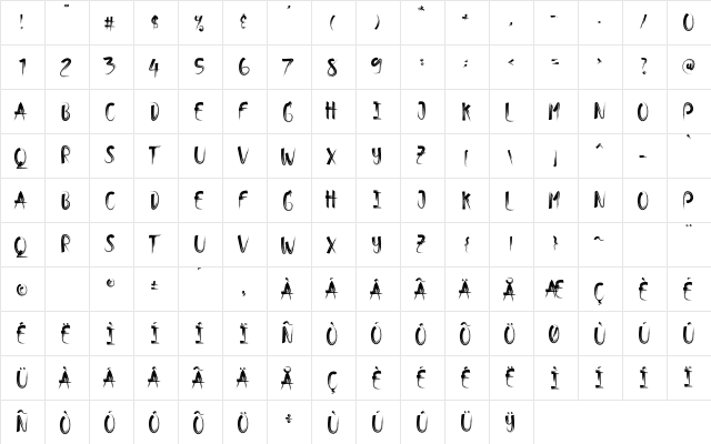 Bimber Brush Regular  glyph index