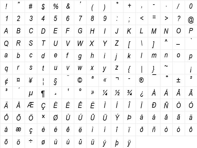 Communication36 Regular  glyph index