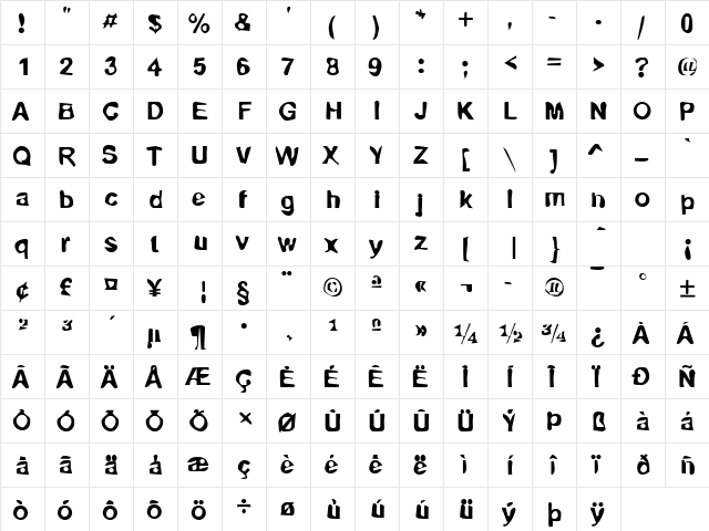 DTCDirtyM01 Regular  glyph index