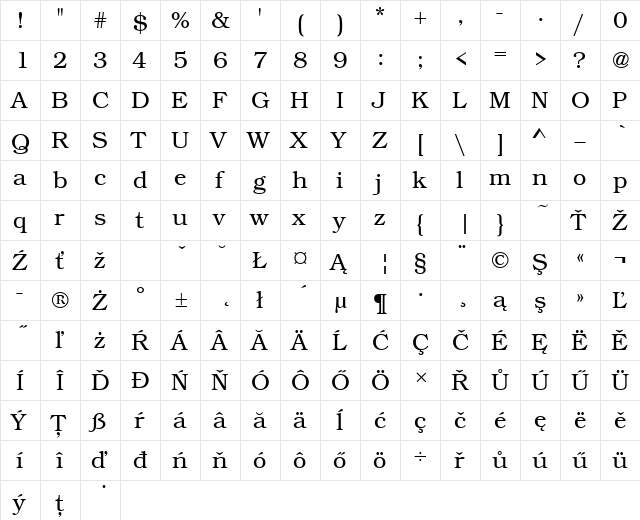 BookmanItcTEELig Regular  glyph index