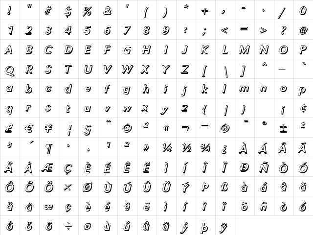 TomBeckerShadow Italic  glyph index
